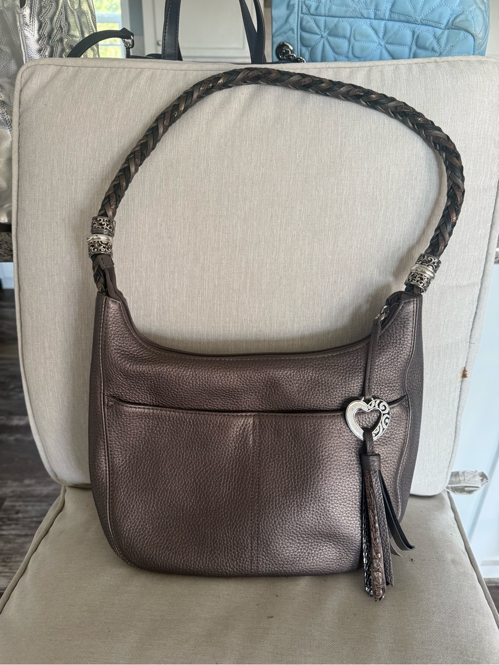 Brighton Braided-Handle Metallic Brown Leather Shoulder Bag with Heart Tassel